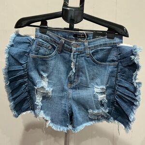 GJG Denim Women's Ruffled Blue Jean Short Shorts